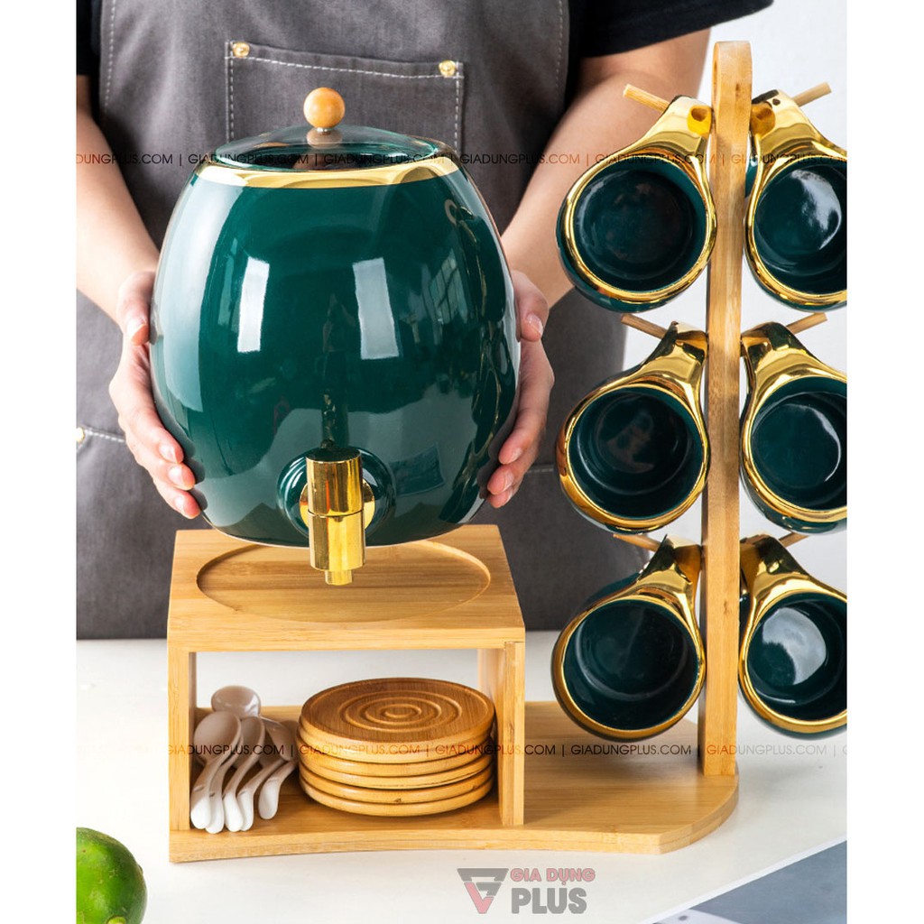 Bộ bình trà chum sứ ☘𝑪𝑨𝑶 𝑪𝑨̂́𝑷☘ Bộ trà chum sứ xanh cổ vịt viền vàng dung tích 3l phong cách Bắc Âu sang trọng