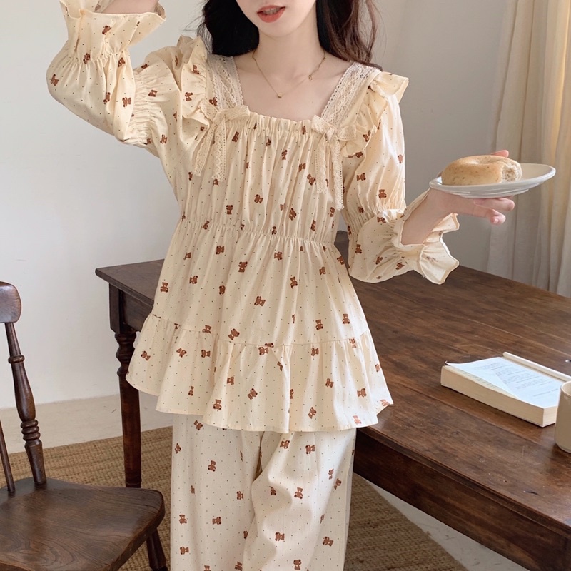 Váy + Đồ Bộ Nữ Mặc Nhà Tiểu Thư Phong cách HÀN QUỐC Cổ Viền Bèo Dài Tay Dễ Thương Ulzzang