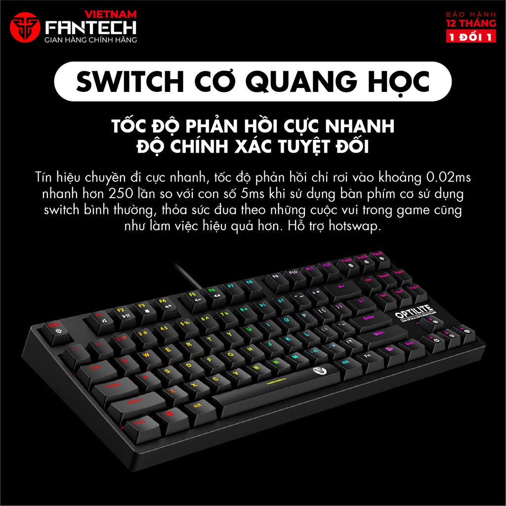Bàn phím Cơ quang học FANTECH MK872 OPTILITE LED RGB Black/Blue Switch - Hãng phân phối chính thức Bảo hành 12 tháng