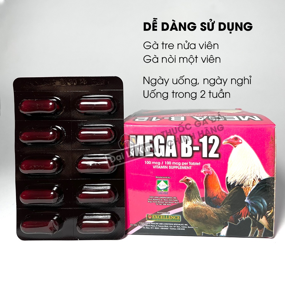 Dinh dưỡng nuôi gà đá tăng bo Mega B12, hộp 10 vĩ, nhập khẩu Philippines chính hãng