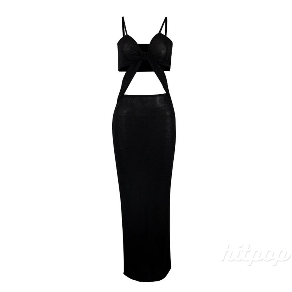 Hitpop-Women Party Dress, Elegant Spaghetti Straps V-neck Hollowed Bodycon Cocktail Dress