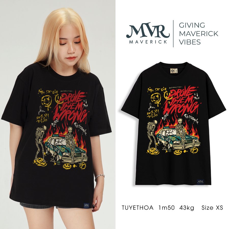 Áo phông thun Cotton unisex xương người lái xe cực ngầu phong cách MVR size rộng tee Mỹ BB4205