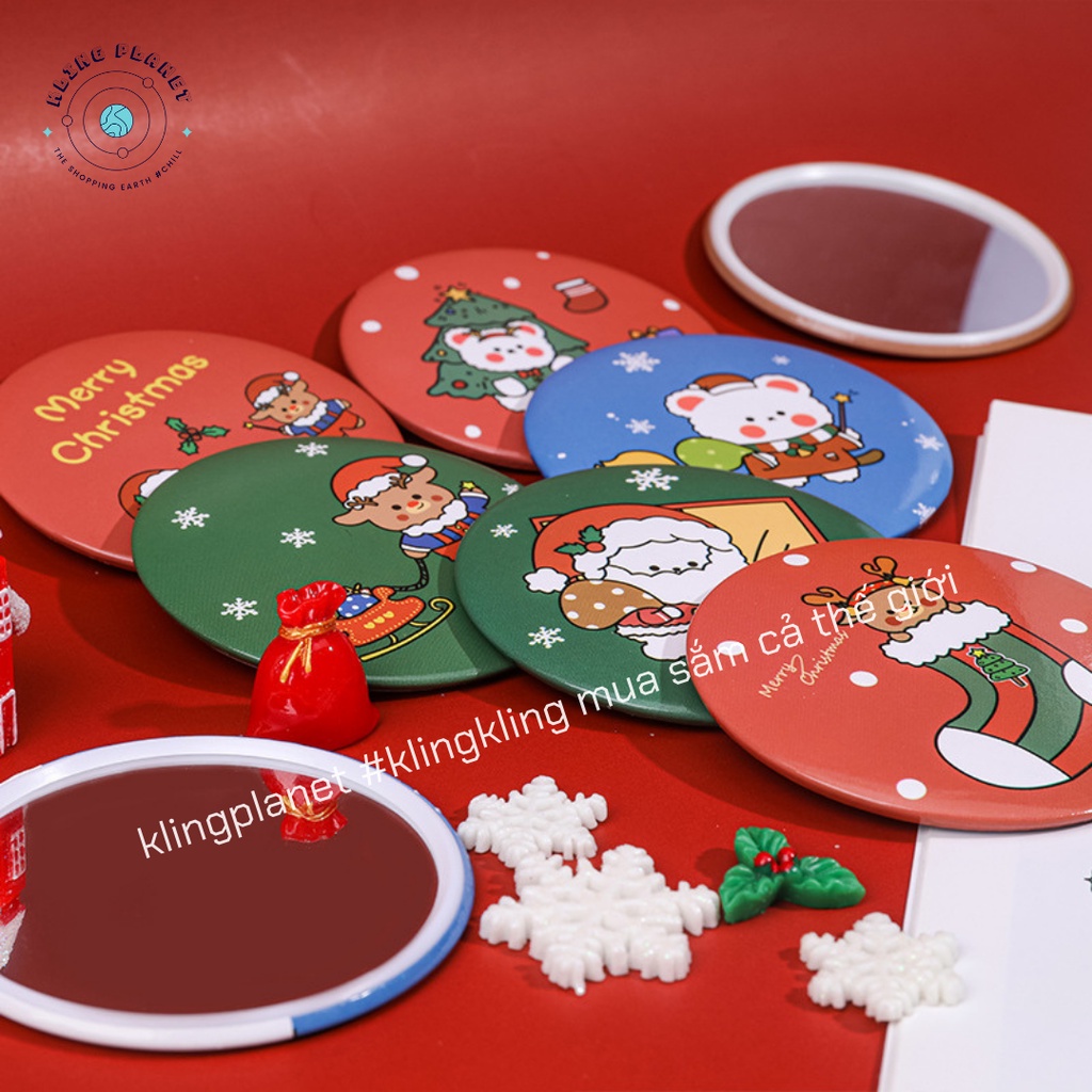 Gương trang điểm mini cầm tay, bỏ túi hoạt hình Giáng sinh, quà tặng Noel Merry Christmas xinh xắn đáng yêu