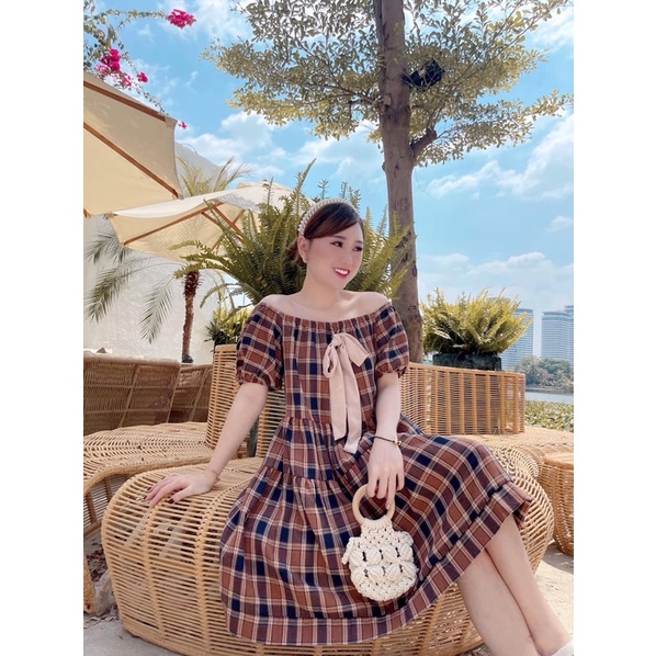 đầm bẹt vai chất bố thô, túi zip hàng qc chuẩn xịn đẹp ( 100% y hình)