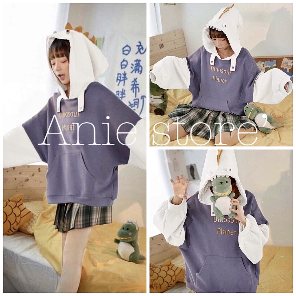 Áo Hoodie Nỉ DINO In Chữ 🦋 Áo Nỉ Ngoại Màu Tím Mũ Đầu Gà 🦋