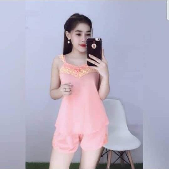 Bộ Quần Áo Nữ Mùa Hè Quần Đùi Áo 2 Dây 1 Màu Mặc Mát Lạnh