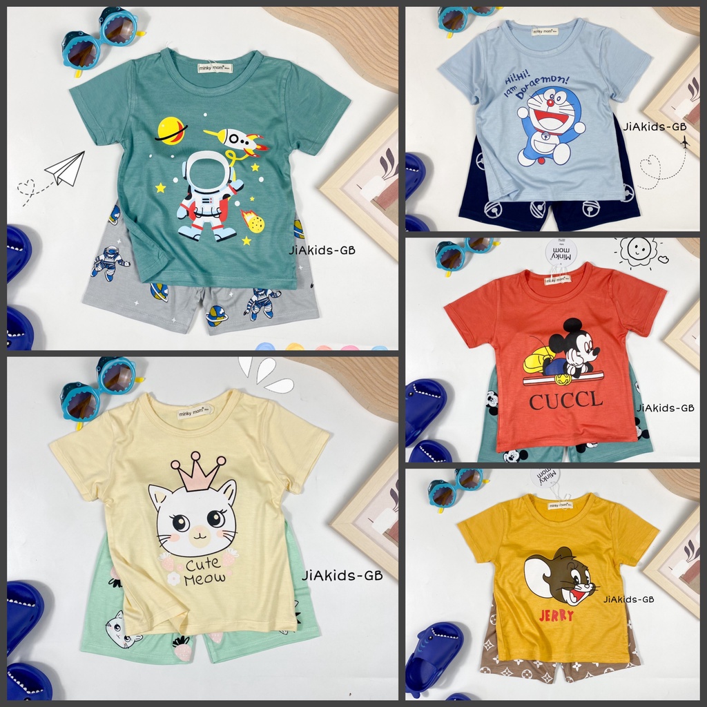 Bộ Cộc Tay THUN LẠNH MINKY MOM In Hình Nhân Vật Hoạt Hình Phối Quần Cho Bé TN-IN95