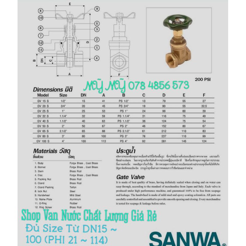 Van Cửa (Van Cổng, Van Khoá) Đồng PHI 21, 27, 34 (DN15, DN20, DN25 ) Nối Ren Hiệu SANWA ~ THÁI LAN 👍