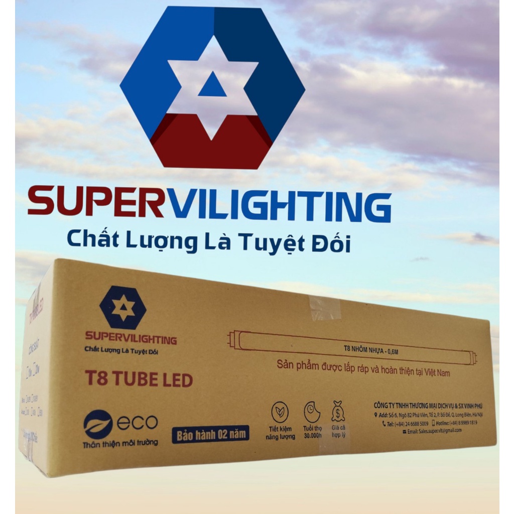 Tuýp T8  nhôm nhựa SuperVilighting, MS T8NN-AST, Công suất 20W-45W, CRI>90, RA>80, Ánh sáng trắng, Bảo hành 24 tháng