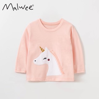 Mã 5613 áo thun dài tay màu hồng nhạt thêu đặp ngựa Kì lân bờm tua rua của Malwee cho bé gái