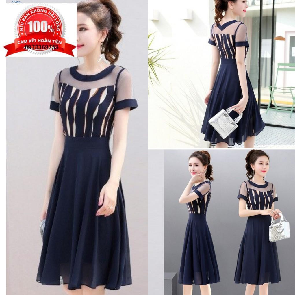 Đầm nữ Đầm Xoè Vải Voan Váy Cao Cấp Đi Dự Tiệc Dạo Phố Cổ Tròn Tay Ngắn Phối Ren Lưới Màu Xanh Đen