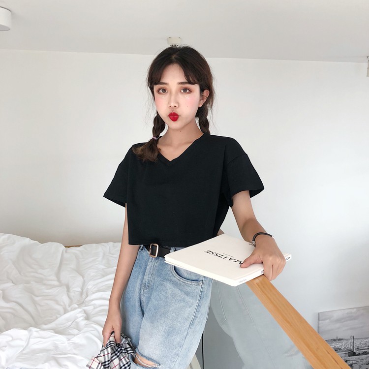 Áo thun nữ cổ tim✨ FREESHIP ✨ Áo Croptop Cổ V Tay Dài, Dáng Ôm  Chất Thun Gân Co Giản - Áo Thun Lỡ TTA