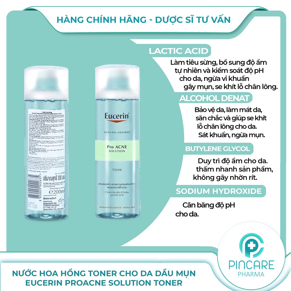 Nước hoa hồng Toner cho da dầu mụn Eucerin ProAcne Solution Toner 200ml - Hàng chính hãng - Nhà thuốc Pincare