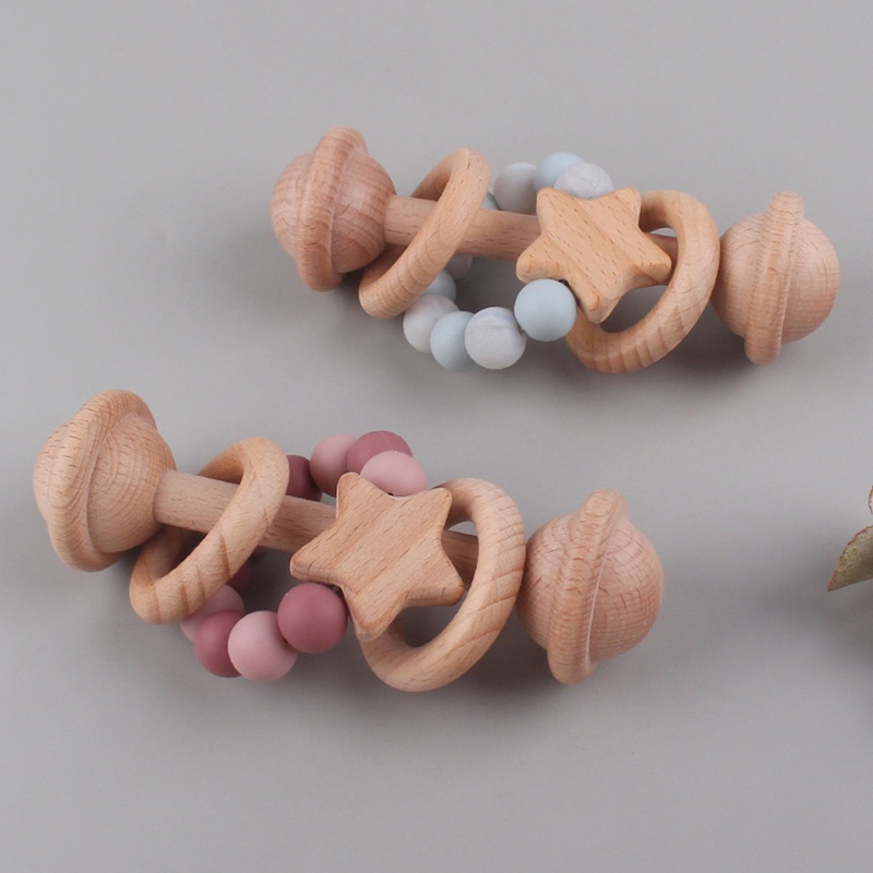 Đồ Chơi Lục Lạc Cầm Tay Bằng Silicone Phối Chuỗi Hạt Gỗ Dành Cho Trẻ Sơ Sinh