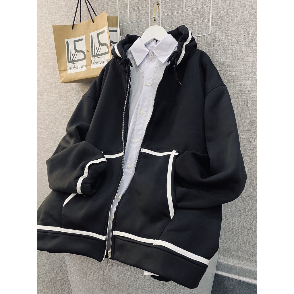 Áo khoác nỉ LylyshopUnisex, kiểu áo hoodie zip phối viền chất nỉ lót bông dày dặn, form overisize siêu rộng có túi | BigBuy360 - bigbuy360.vn