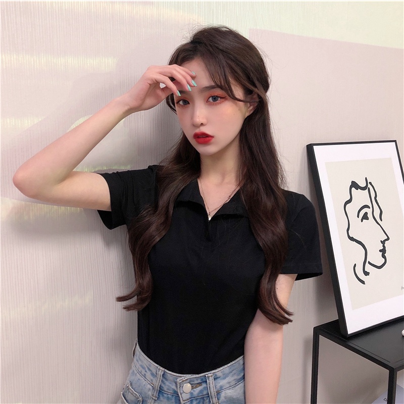 Áo polo Tay Ngắn Màu Trắng Phong Cách Hàn Quốc Thời Trang Mùa Hè Cho Nữ