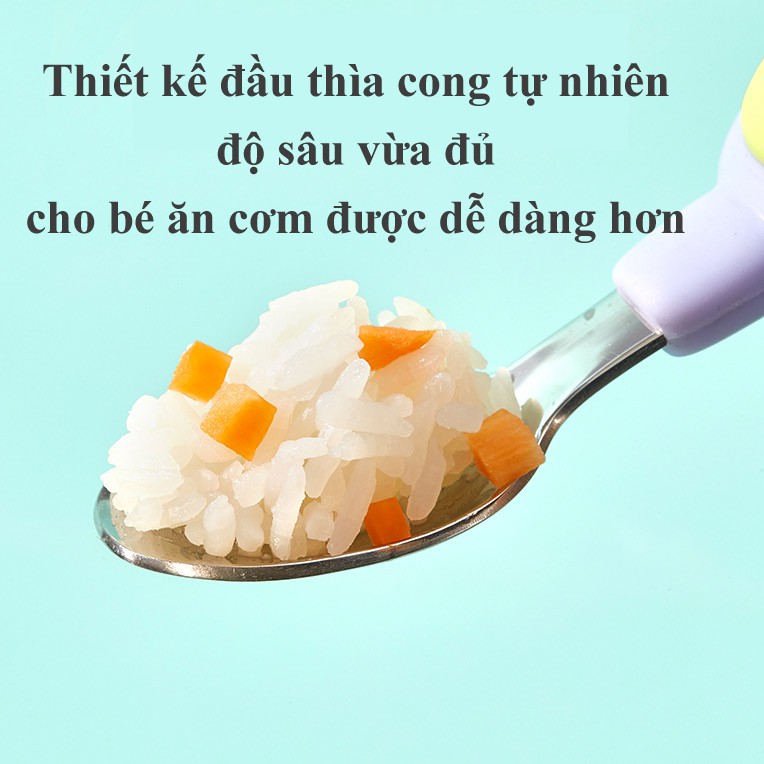 Thìa dĩa tập xúc cán ngắn INOX 316 cho bé Beedoll, muống nĩa cán ngắn silicone an toàn