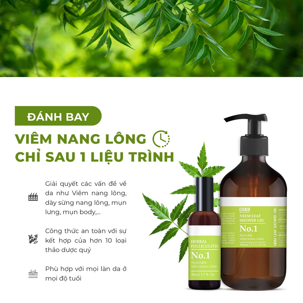 Viêm nang lông, viêm lỗ chân lông - Liệu trình chuyên biệt: xịt 50ml + sữa tắm thảo mộc 500ml MEE NATURAL