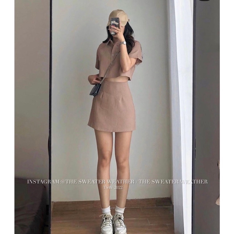 Set áo croptop cộc tay cổ đức kèm chân váy chữ A chun lưng chất xốp, set đồ nữ thể thao năng động
