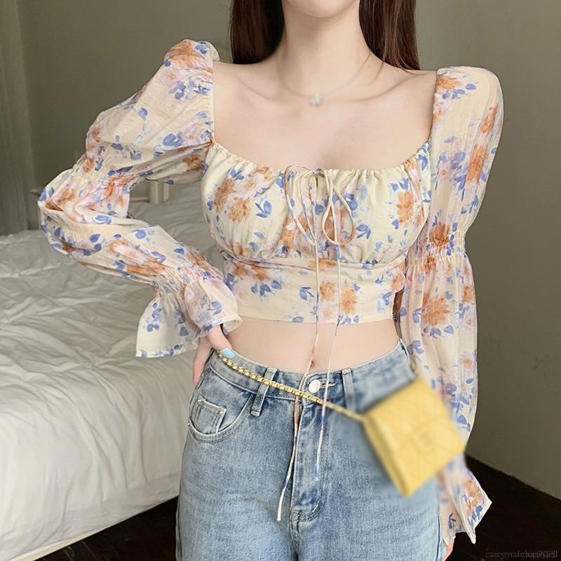 Áo Croptop Trễ Vai Tay Dài Bồng Hoạ Tiết Hoa Phong Cách Thời Trang Hàn Quốc Dành Cho Nữ | WebRaoVat - webraovat.net.vn