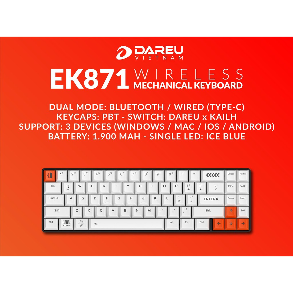 Bàn phím cơ không dây DAREU EK871 Pin Sạc Bluetooth/ Wired (PBT, D-KAILH switch)