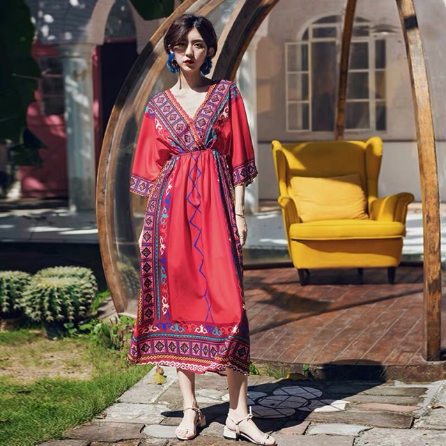 Váy maxi boho hoạ tiết thổ cẩm VHP41 (có hình thật) | BigBuy360 - bigbuy360.vn