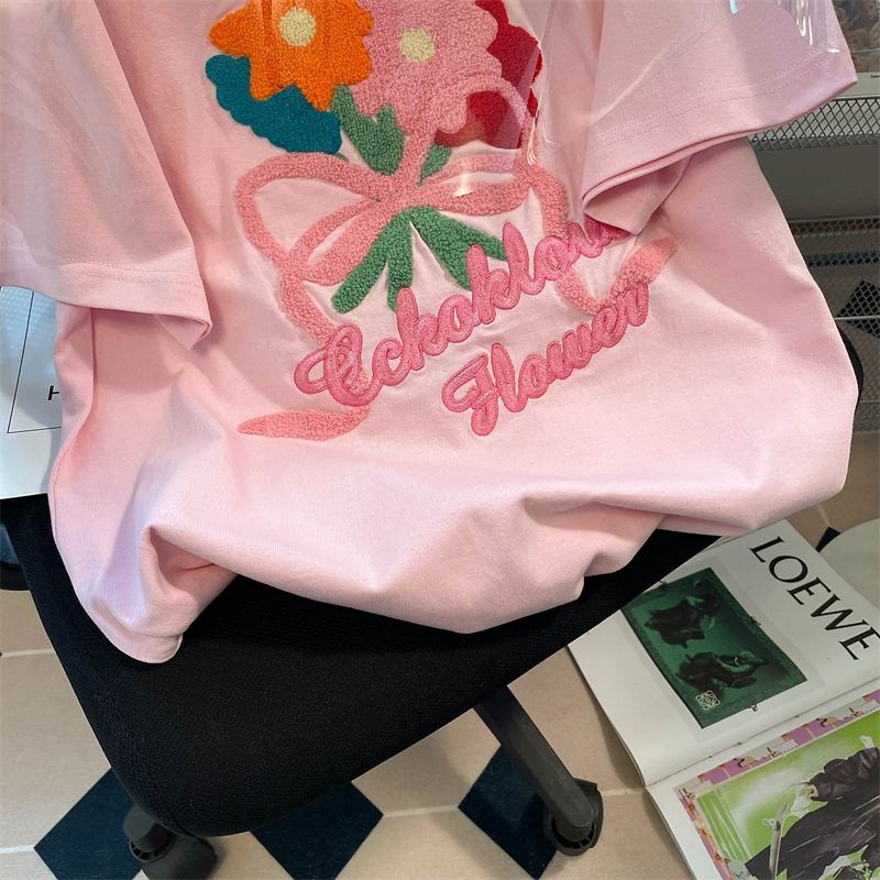 Áo Thun Cotton Tay Ngắn Dáng Rộng Thắt Nơ In Hoa Dễ Thương Phong Cách vintage Dành Cho Nữ  tao bao