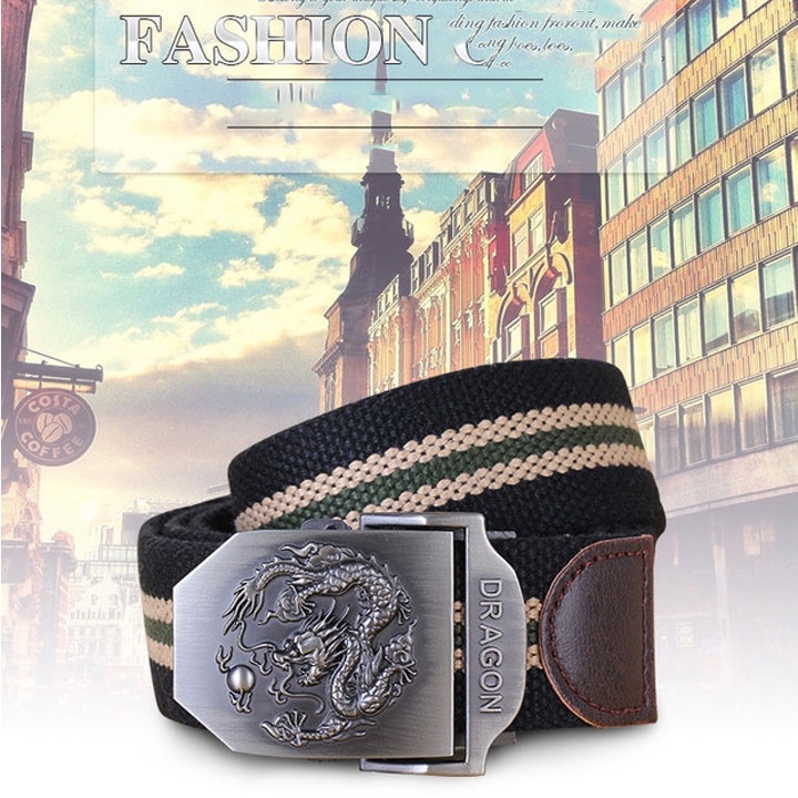 Dây lưng nam vải dù mặt Rồng, thắt lưng nam trẻ trung vải bố siêu bền khóa cài kim loại không gỉ sáng bóng