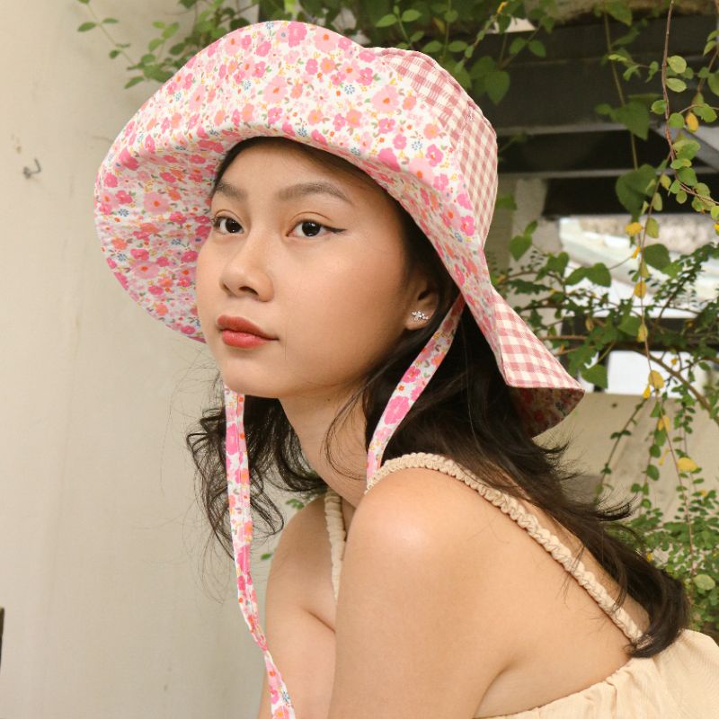 Nón hè 2 mặt màu đỏ nâu hoa nhí hồng