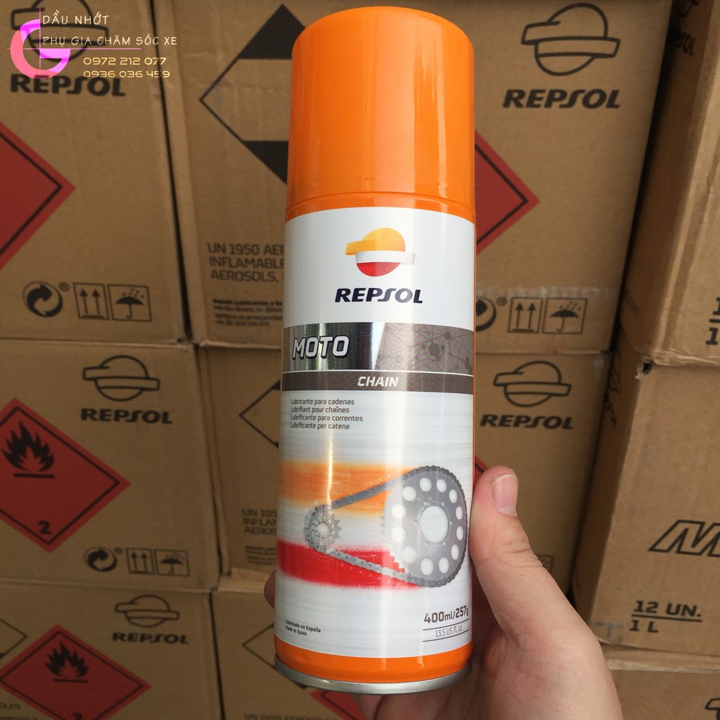 Dung dịch dưỡng xích, bôi trơn xích Repsol Chain Lube 400ml cho xe máy