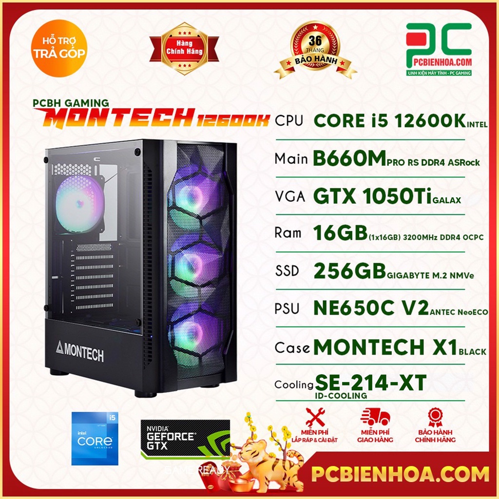 Thùng máy tính - PCBH GAMING MONTECH 12600K ( CORE I5 12600K / B660M / GTX1050TI / 16GB / 256GB ) 36T