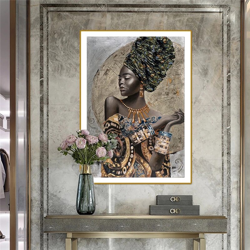 （Khung tranh gỗ rắn）Người phụ nữ da đen châu Phi Áp phích nghệ thuật Graffiti và in Bức tranh vải cô gái châu Phi trừu tượng trên tường Hình ảnh nghệ thuật trang trí tường