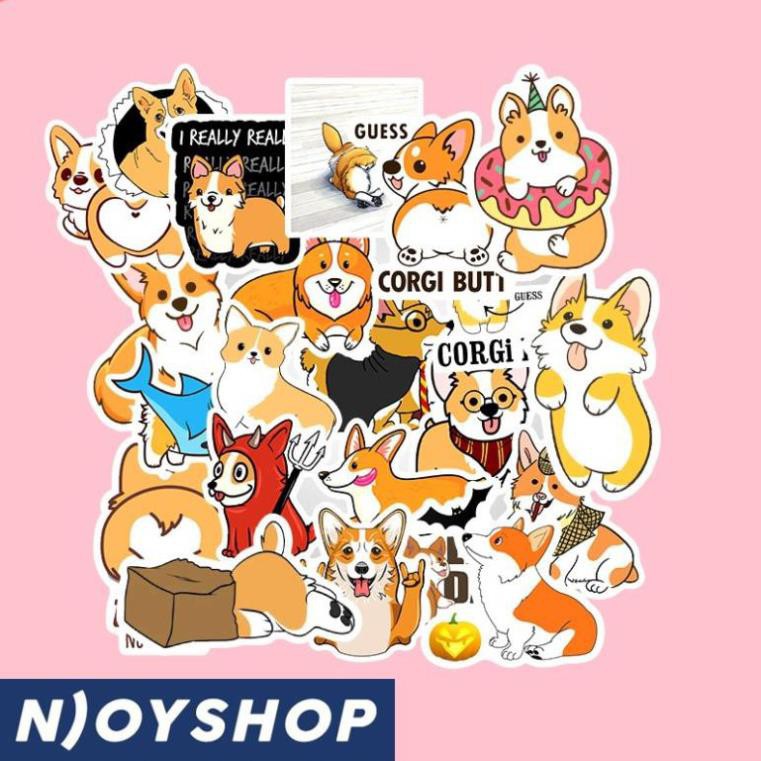 SET 50 MIẾNG STICKER CHÚ CHÓ CORGI DỄ THƯƠNG CHỐNG NƯỚC DÁN NÓN BẢO HIỂM, LAPTOP, VALI, TỦ, BÀN HỌC, XE MÁY