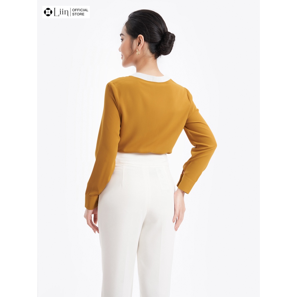 Áo sơ mi Linbi dài tay chất đũi vàng phối trắng kiểu dáng trẻ trung, thanh lịch liin clothing SM3926