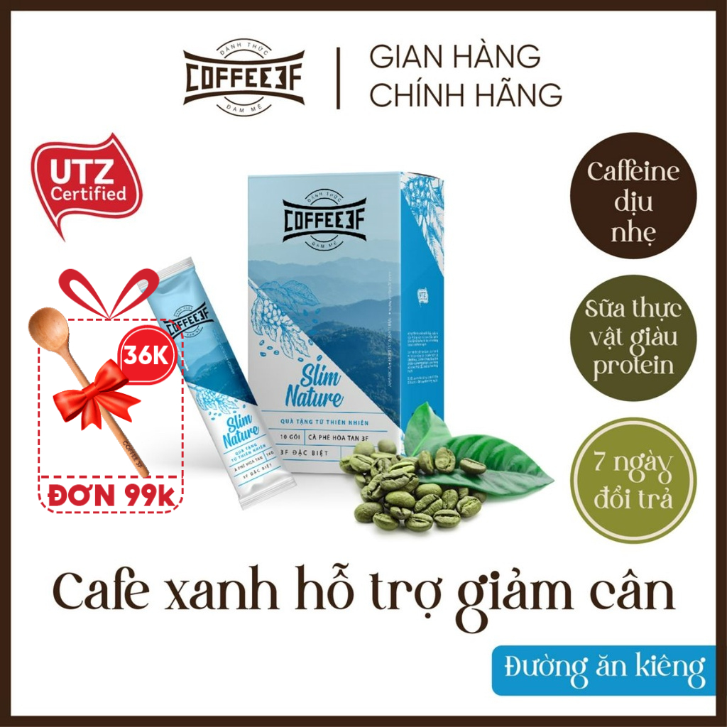 Cà phê hòa tan hỗ trợ giảm cân cafe xanh và đường hoa dừa Slim Nature - Coffee 3F (Hộp 10 gói x 16g)