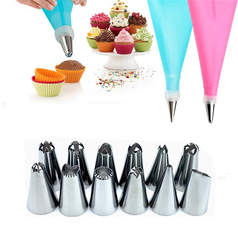 14 Pcs/ Set Cake DIY Decorating Tools/ Stainless Steel Piping Nozzle/ Baking Cream Modeling Squeeze Bag/ Kitchen Practical Gadgets