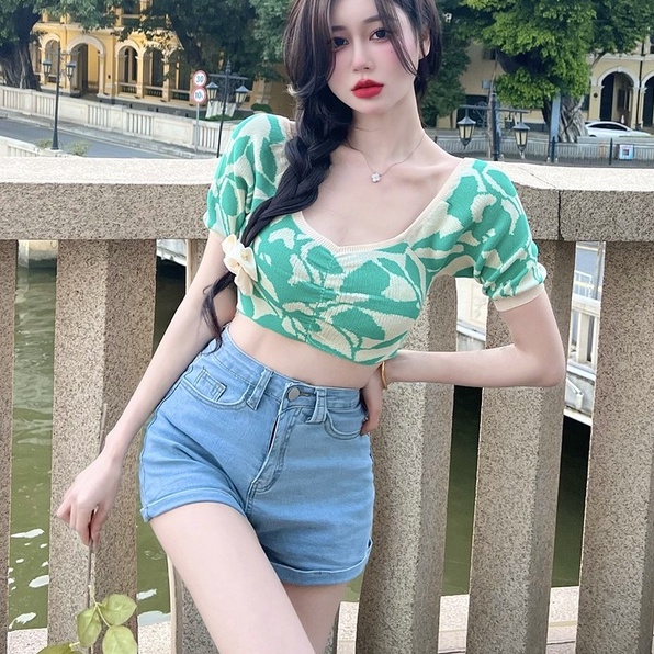 Áo dệt kim ZHELIHANGFEI tay phồng trễ vai gợi cảm cho nữ