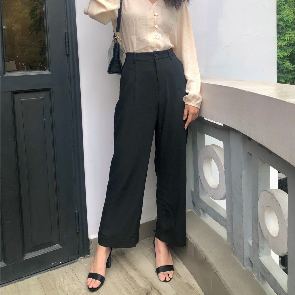 Quần ống rộng nữ lưng cao nút suông dài lưng thường (ko thun sau) 4 màu | BigBuy360 - bigbuy360.vn