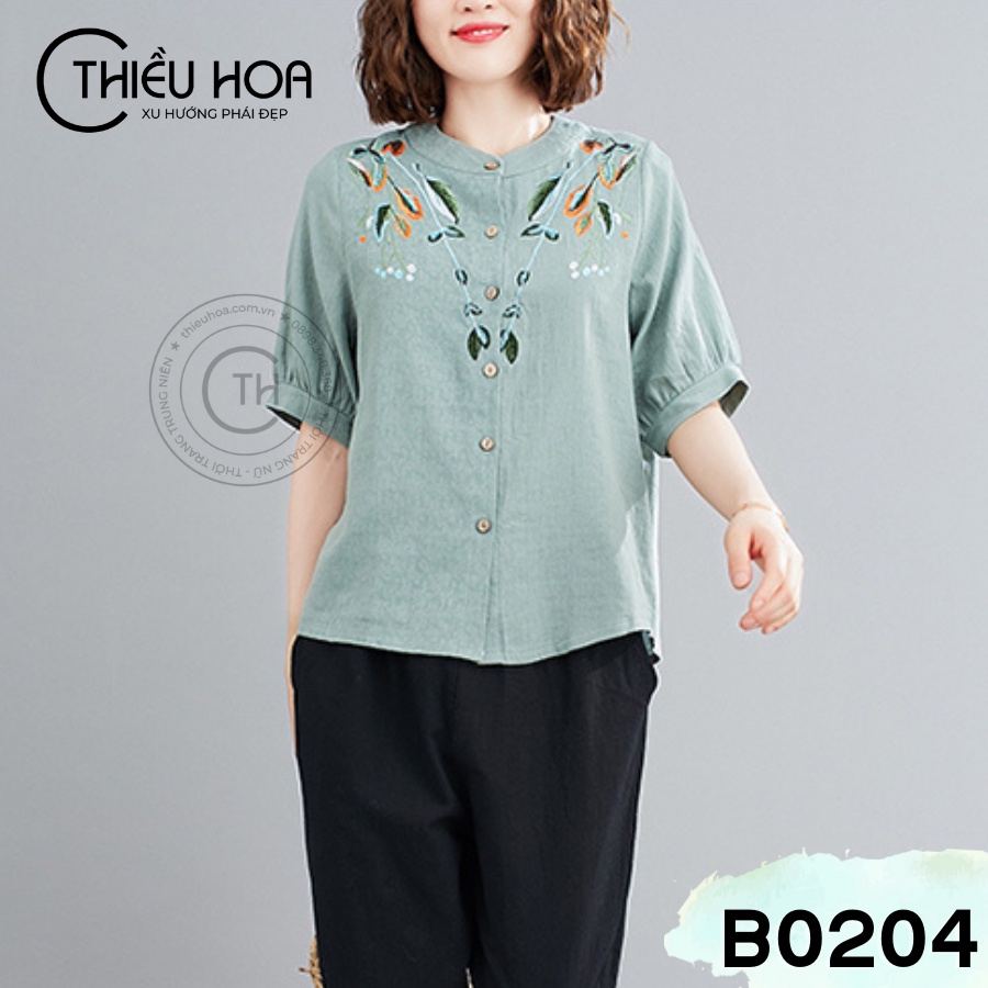 Áo thun trung niên Thiều Hoa chất liệu Linen có thêu hình tỉ mỉ, sang trọng B0204