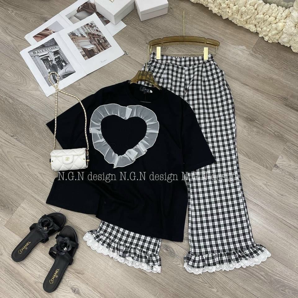 set bộ áo thun tim bèo ngực kèm quần carro k