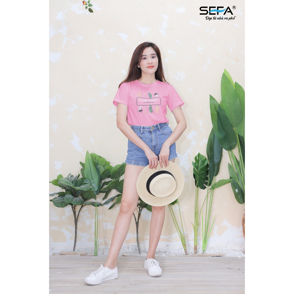 Áo thun nữ SEFA cộc tay, in hình hoa lá 100% cotton thoáng mát SFA2203