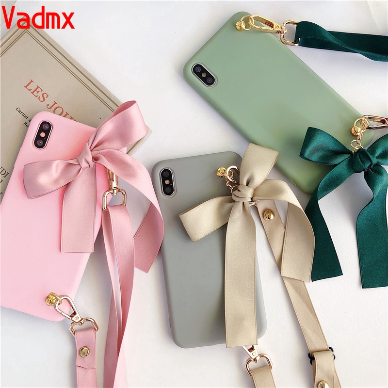 Cute Bow Tie Bag Silicon Phone Case For Vivo Y17 Y11 Y12 Y13 Y15 Y91C Y93 Y91 Y95 Y83 Y81 V11 V15 Pro Y85 V9 Y53 V5 V5S Soft Simple Cover With Strap