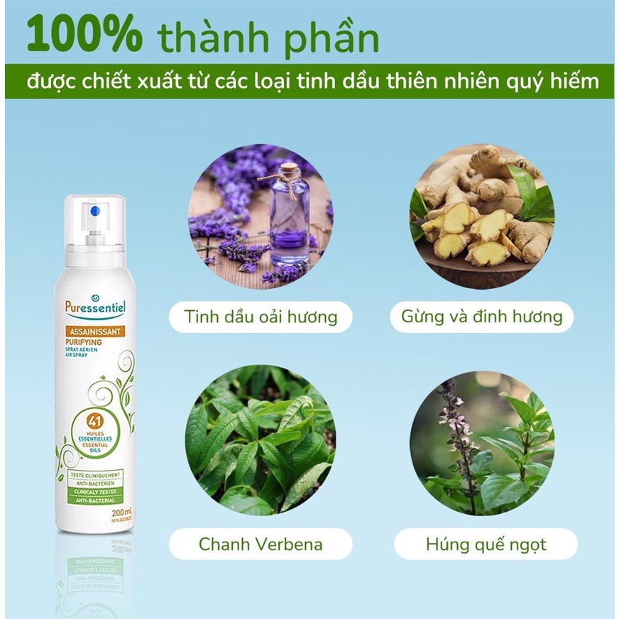 Xịt khử khuẩn không khí Puressentiel 200ml, thành phần tinh dầu chiết xuất từ thiên nhiên, bảo vệ sức khỏe gia đình