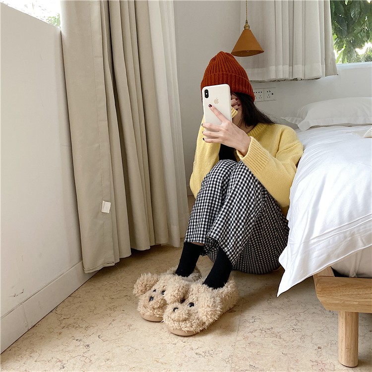 Dép bông hình gấu kute hoạt hình dễ thương của phụ nữ chống trượt ấm áp sang trọng.
