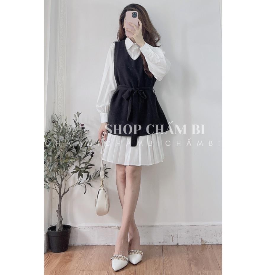 Set váy nữ tiểu thư V.090, Set váy sơ mi trắng dáng dài xếp ly chân và yếm đen cổ V thắt nơ eo cực xinh
