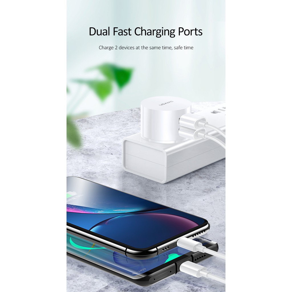 Cốc Sạc Nhanh USAMS T20 Cổng USB Kép Chất Lượng Cao Cho Iphone Oppo Samsung Huawei Vivo Xiaomi