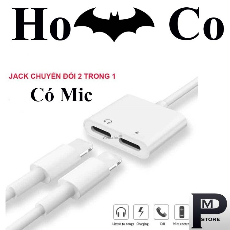 Jack chia cổng iphone J008 (2 cổng dẹt) sạc + tai nghe chân lightning, cáp chuyển đổi iphone không bluetooth, có MIC