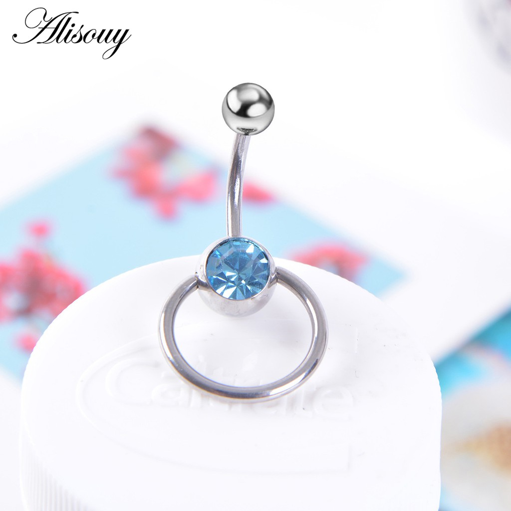 Alisouy 1 Khuyên Rốn Tròn Bằng Thép Không Gỉ Đính Đá Pha Lê Xanh Lam