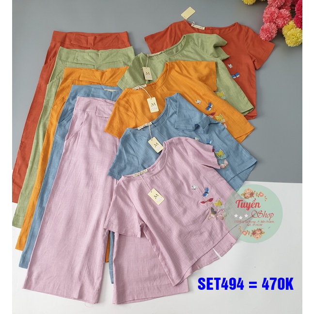 Set bộ linen áo lửng thêu hoa và quần ống rộng