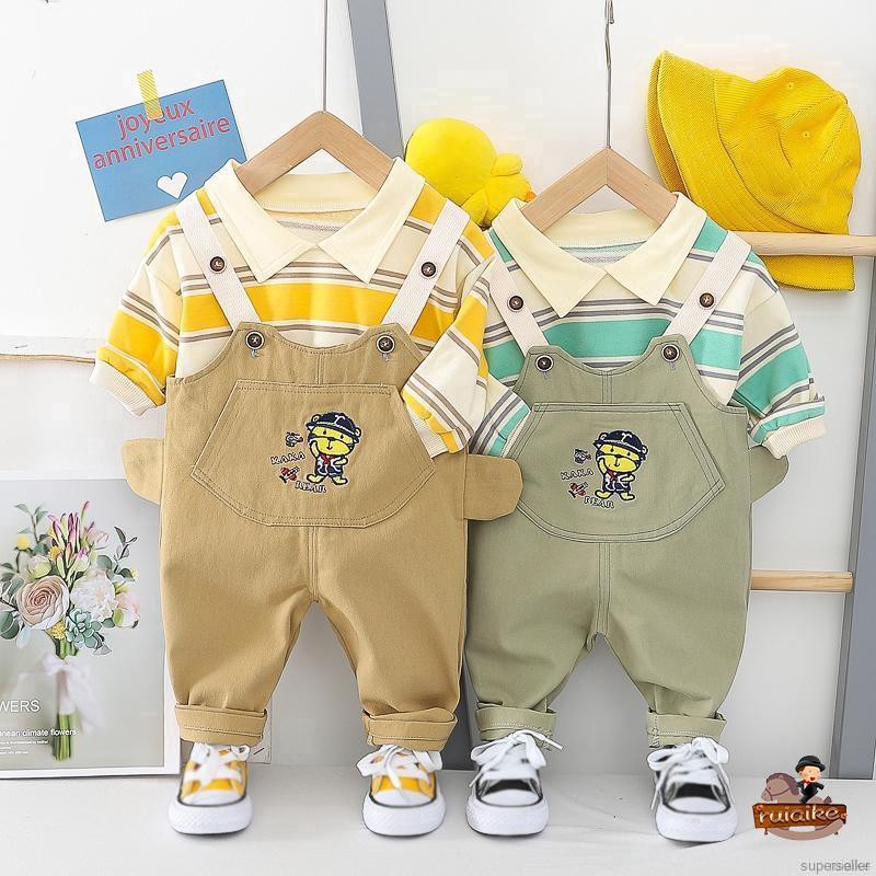 🍭 ruiaike 🍭 Kids Boys Cartoon Little Tiger Two-piece Set Striped Shirts + Overalls Strap Suspender Pants 1-4 Years Old